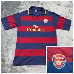 07 08 Arsenal FC Fly Emirates Soccer Jersey Mens Navy Maroon Striped Shirt L